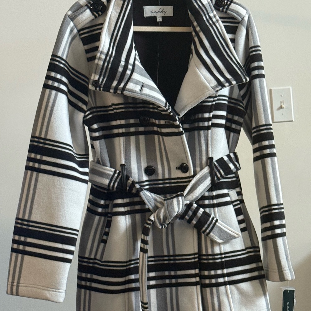 Sebby Black and White Plaid Trench Coat